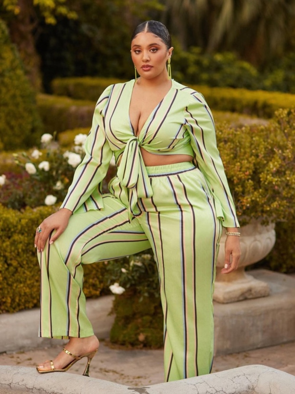 Fashion to Figure Green Stripe Tie Front Pant Set Size 1 NWT - Picture 1 of 14